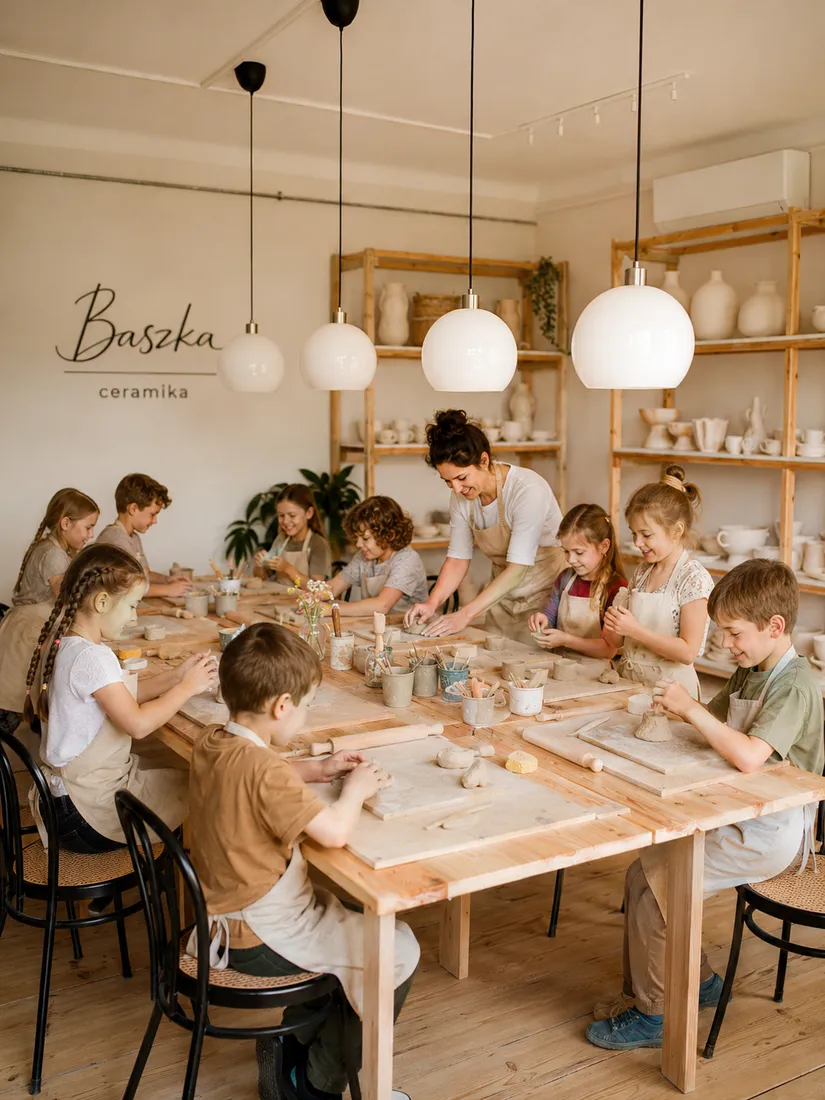 Ilustracja: dzieci i instruktorka pracują z ceramiką w pracowni